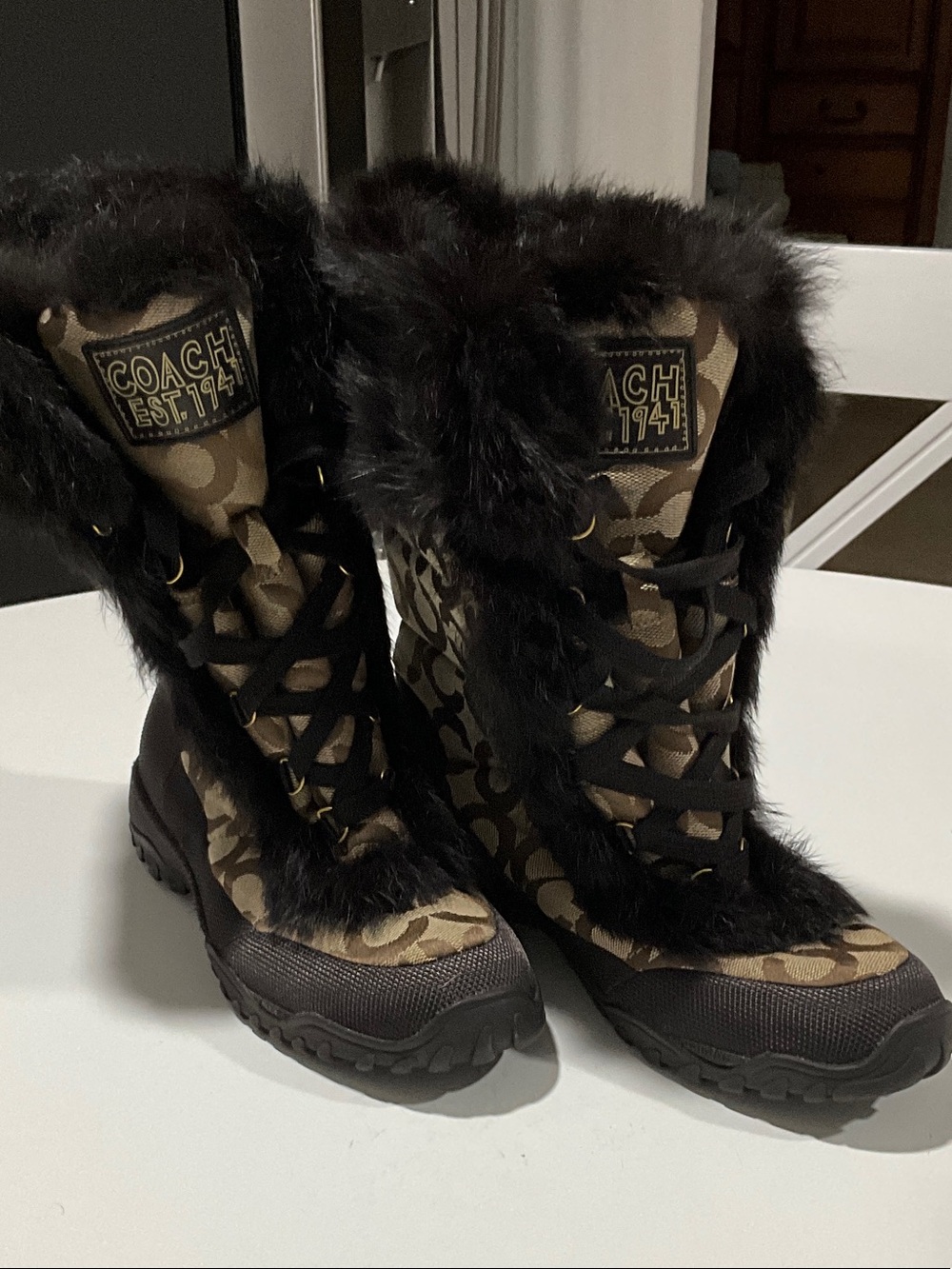 Coach Brown Signature-Print Fur-Trim Lace-Up Winter Boots